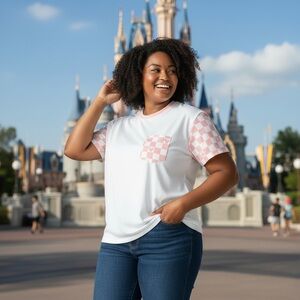 Chic Pink Checkered Mickey Mouse Sleeve Women's Tee